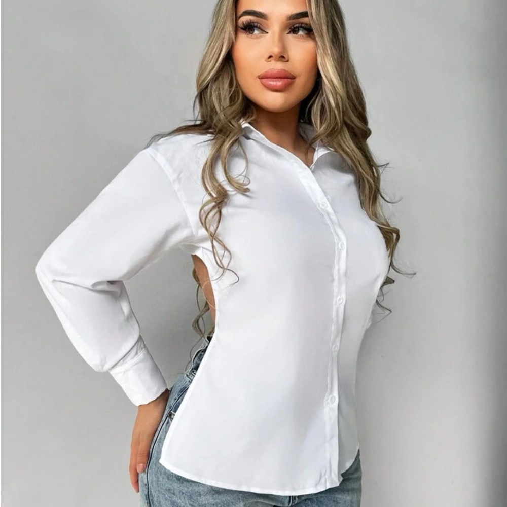 Chain Detail Backless Crop Shirt - Picture 2 of 5